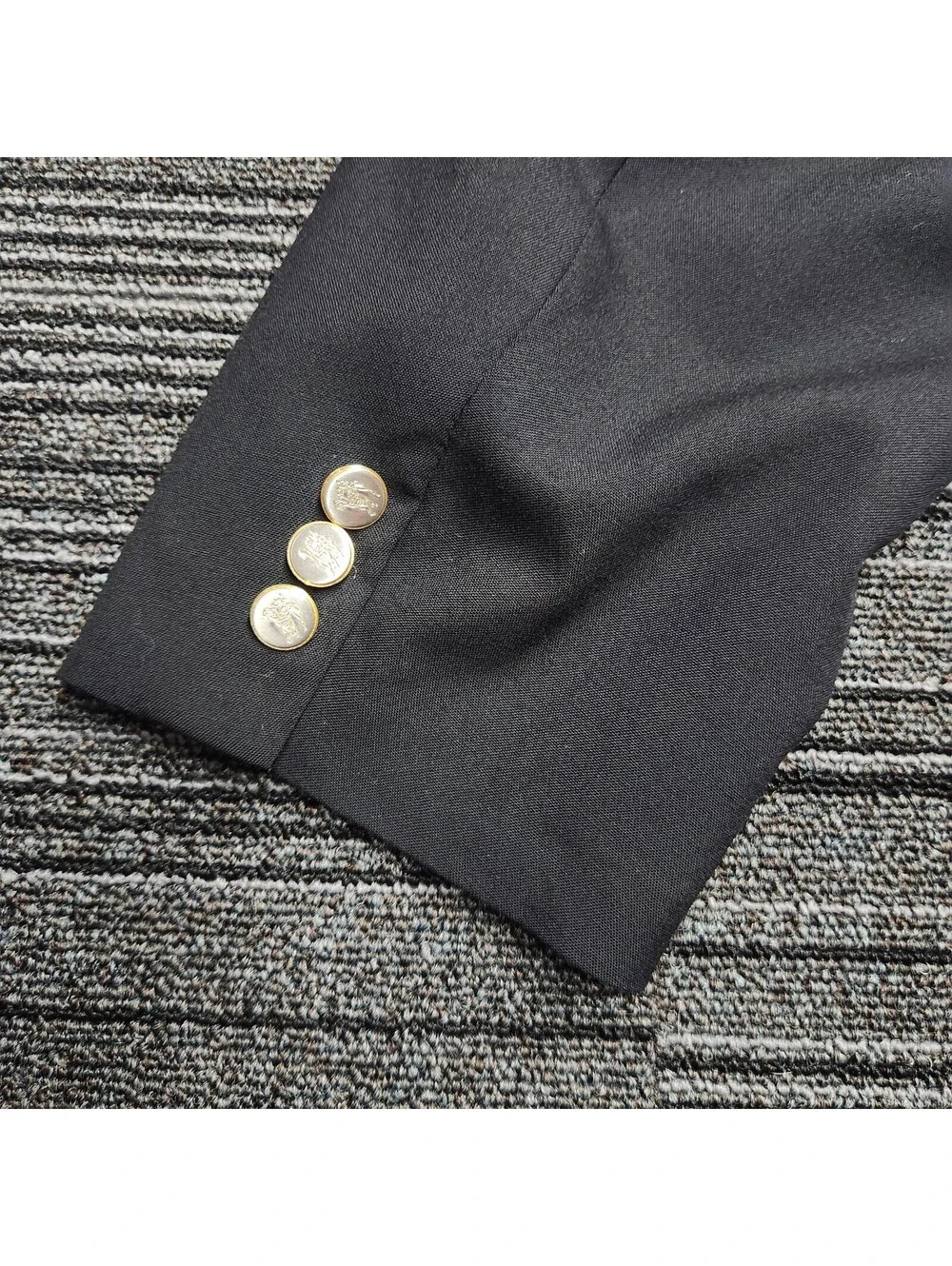 Burberrys Vintage Black Wool Blazer Gold Buttons Mens 48R Made In England Jacket